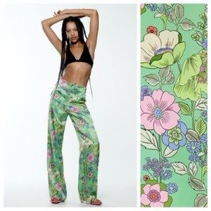 Zara Satin Floral Wide Leg Pants | Retro Green Statement Print